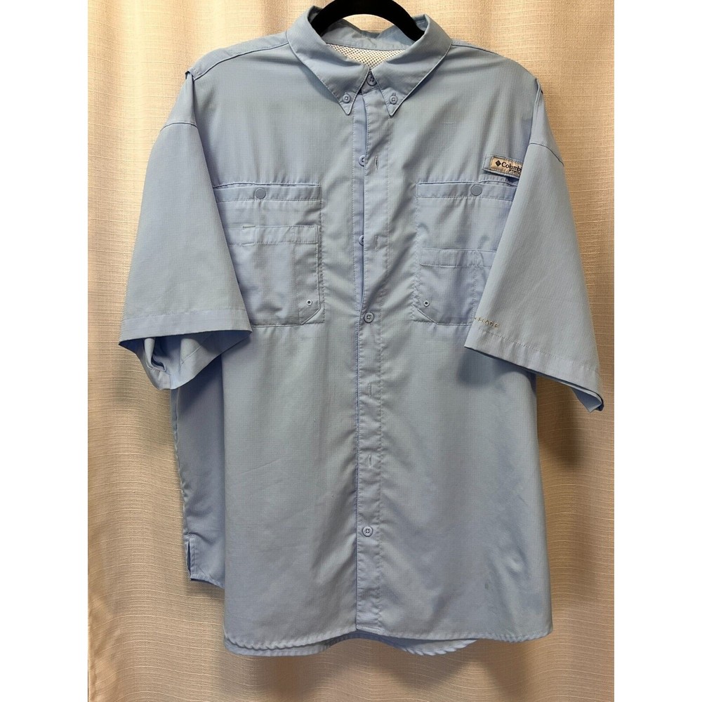 COLUMBIA PFG Mens Fishing Shirt Blue Vented Rod Holder Sunglass Loop L 31/C24.5